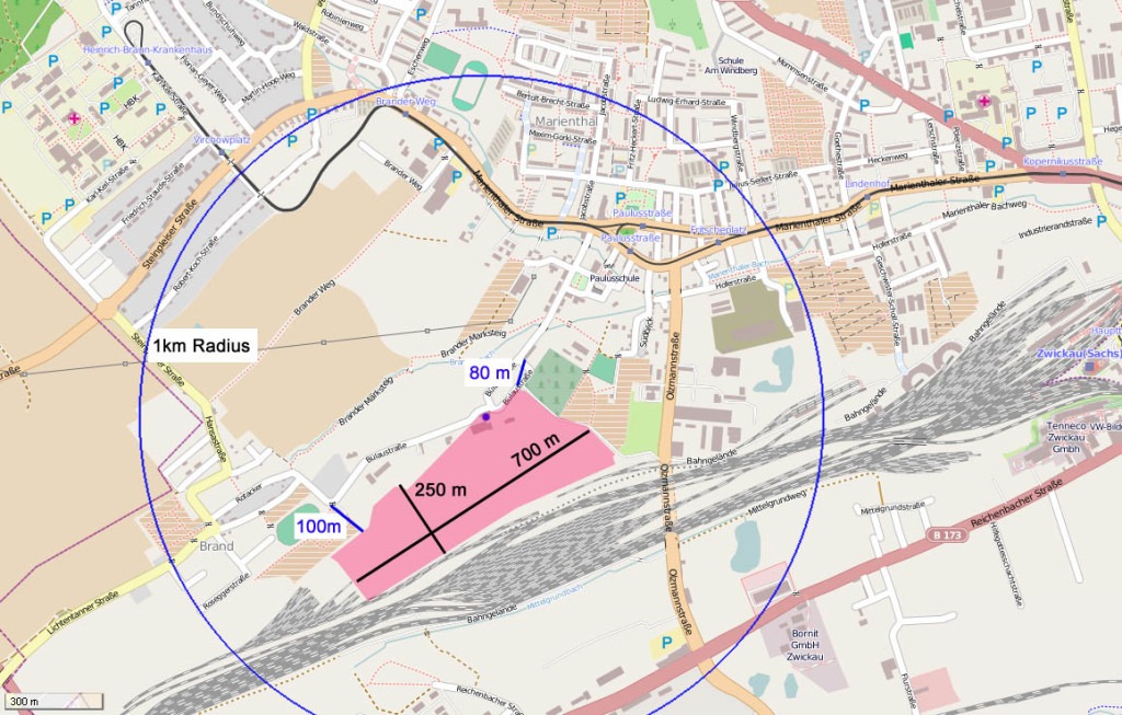 Größe der neuen JVA mit ungefähren Maßen.